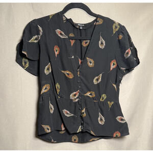 Madewell Silk Blouse Black Peacock Feather Print V-Neck Women's Size 4
